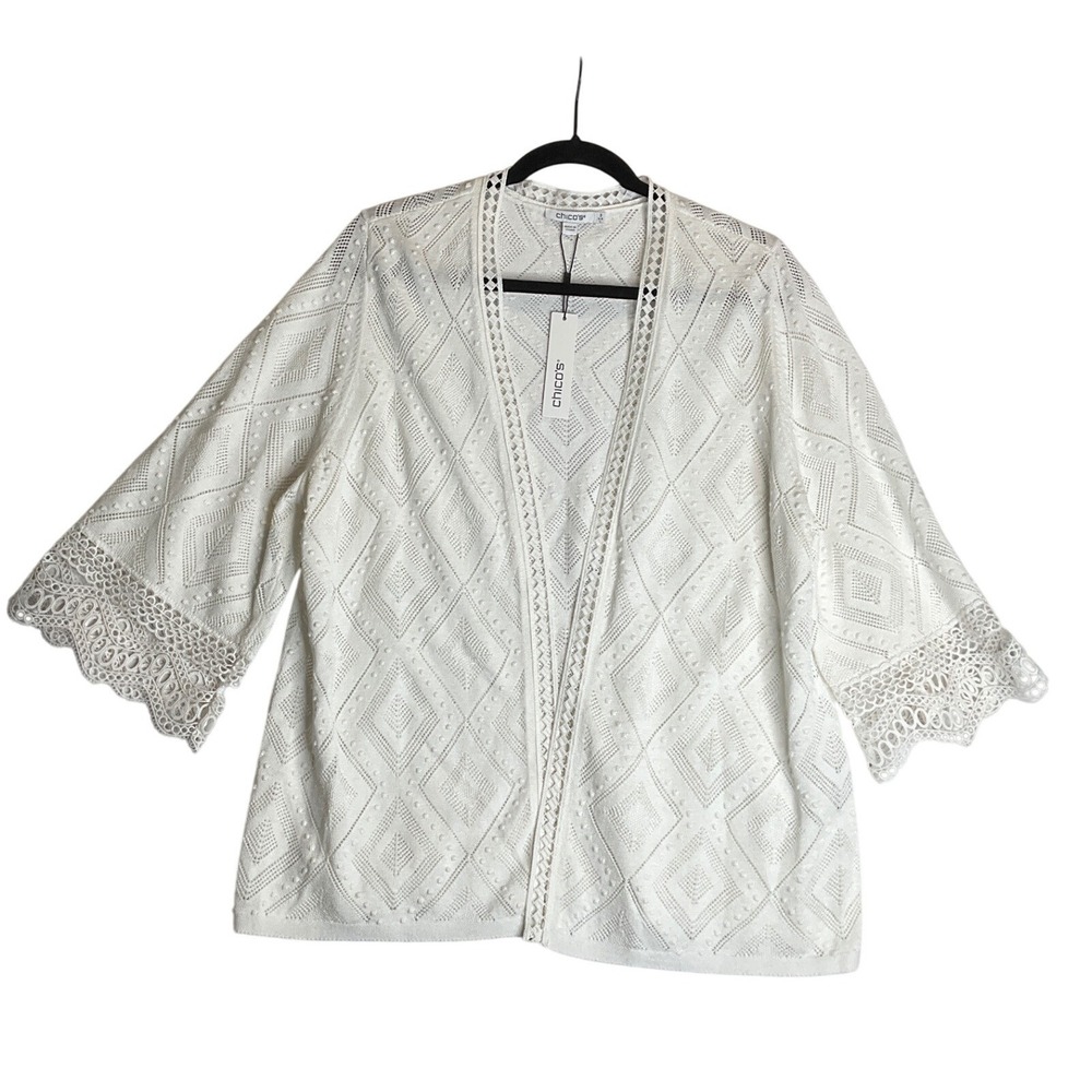 NEW Chico's Opden Cardigan Sweater Diamond Pointelle Lace Flare Sleeve White 2/L